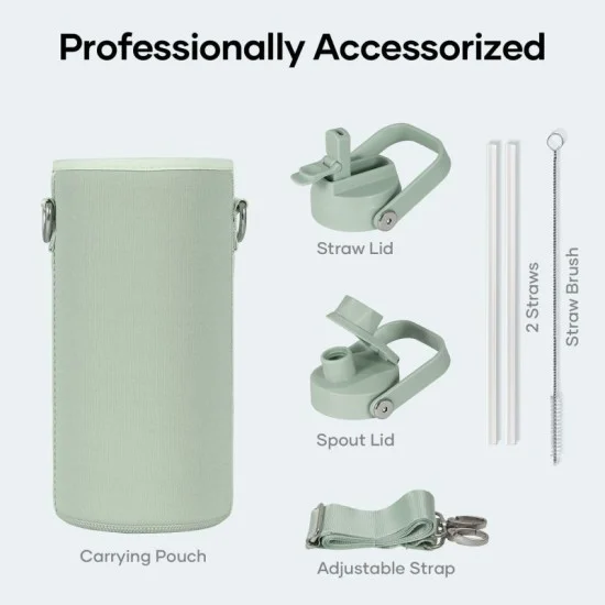 Buzio Duet Series Water Bottle with 2 Lids and Sleeve 1L - Green